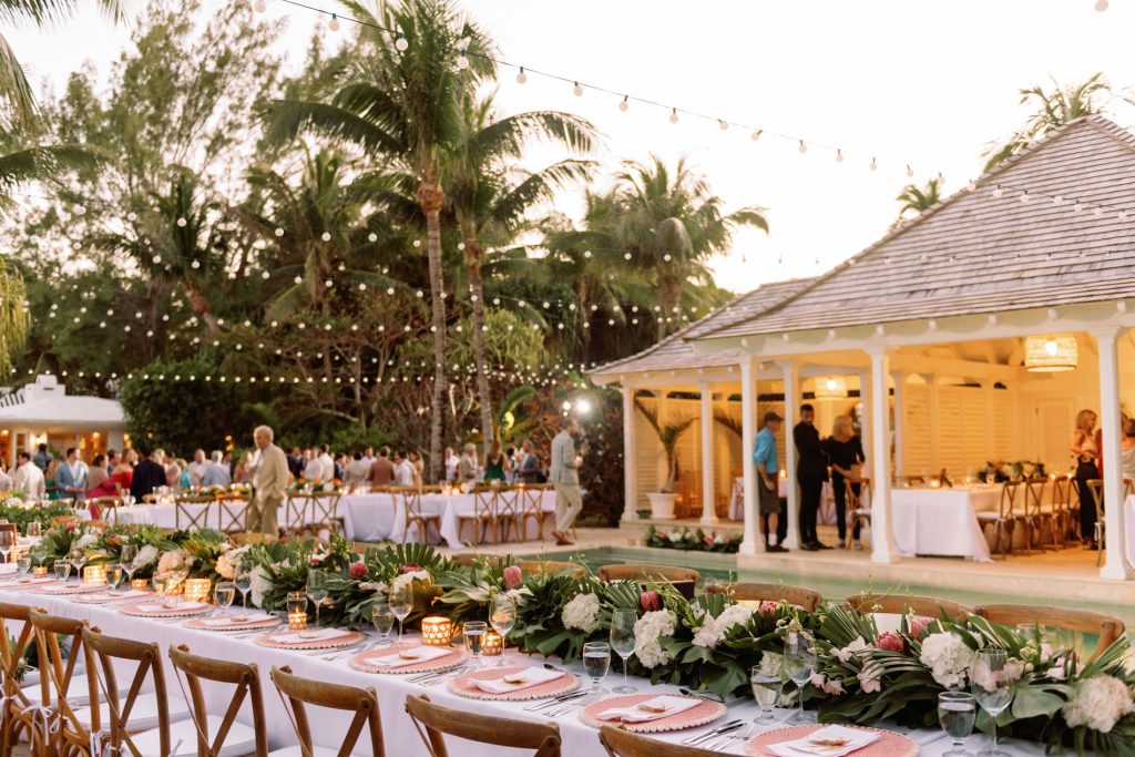 tropical wedding reception at a private estate in the bahamas
