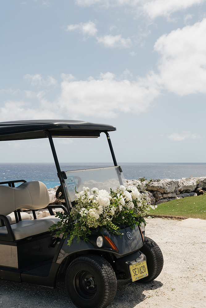 Golf cart dressed for the bride