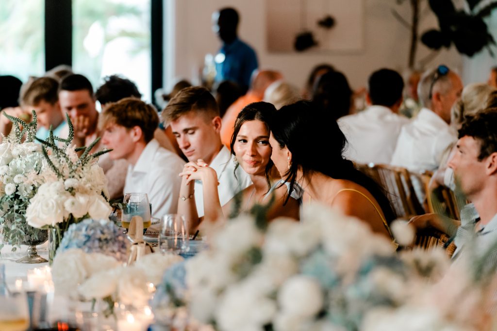 Guests chatting at an Exuma, Bahamas wedding reception